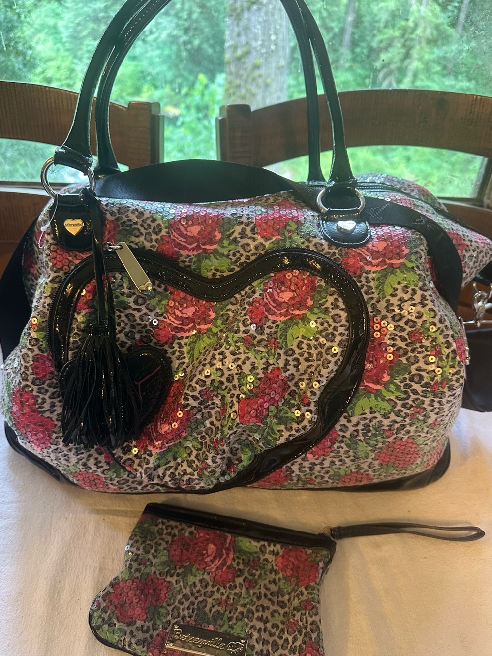 Betsy Johnson Floral Sequin Heart Weekender Bag - Pink with Wrist Pouch